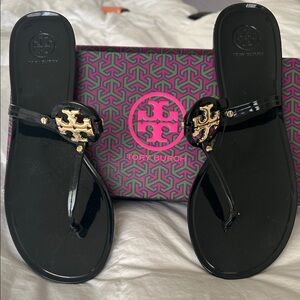 Tory Burch Black Jelly Thong Sandals with Gold Logo
